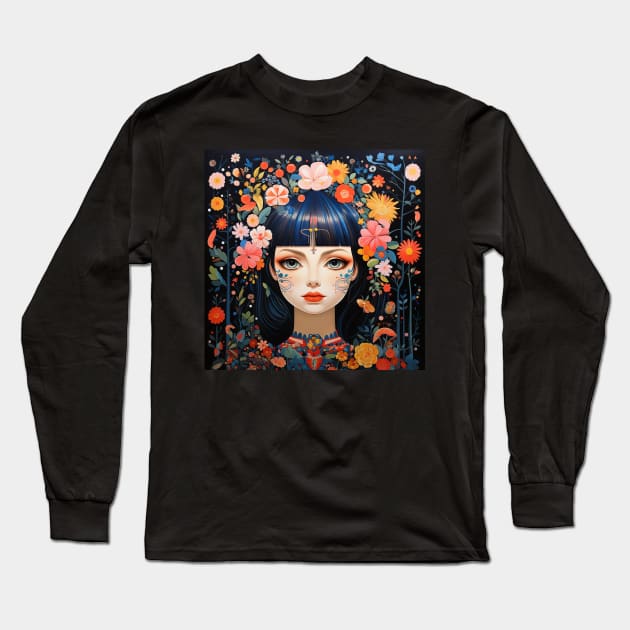 Surrealistic Folk Art Dark Floral Motif Young Fairy Maiden Girl Long Sleeve T-Shirt by The Little Store Of Magic